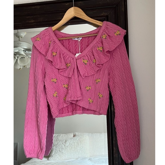 Zara Pink Ruffle Embroidered Cardigan Size Large Cottagecore - Picture 2 of 5